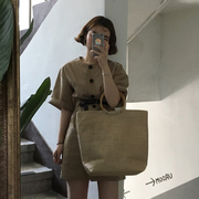 [BP] Hàn Quốc ma cô gái retro màu cà phê ren đơn ngực bông ngắn tay áo đầm