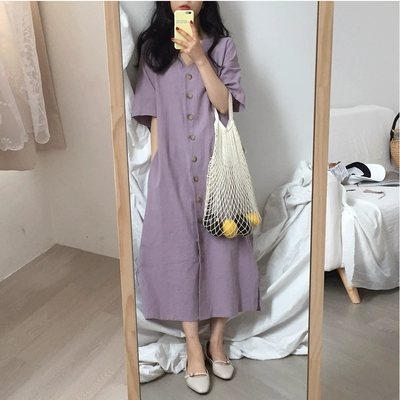 [BP] Hàn Quốc chic cô gái tươi loạt gõ vào Hoa oải hương tím đơn ngực tie eo đầm chân váy chữ a dáng dài váy đầm
