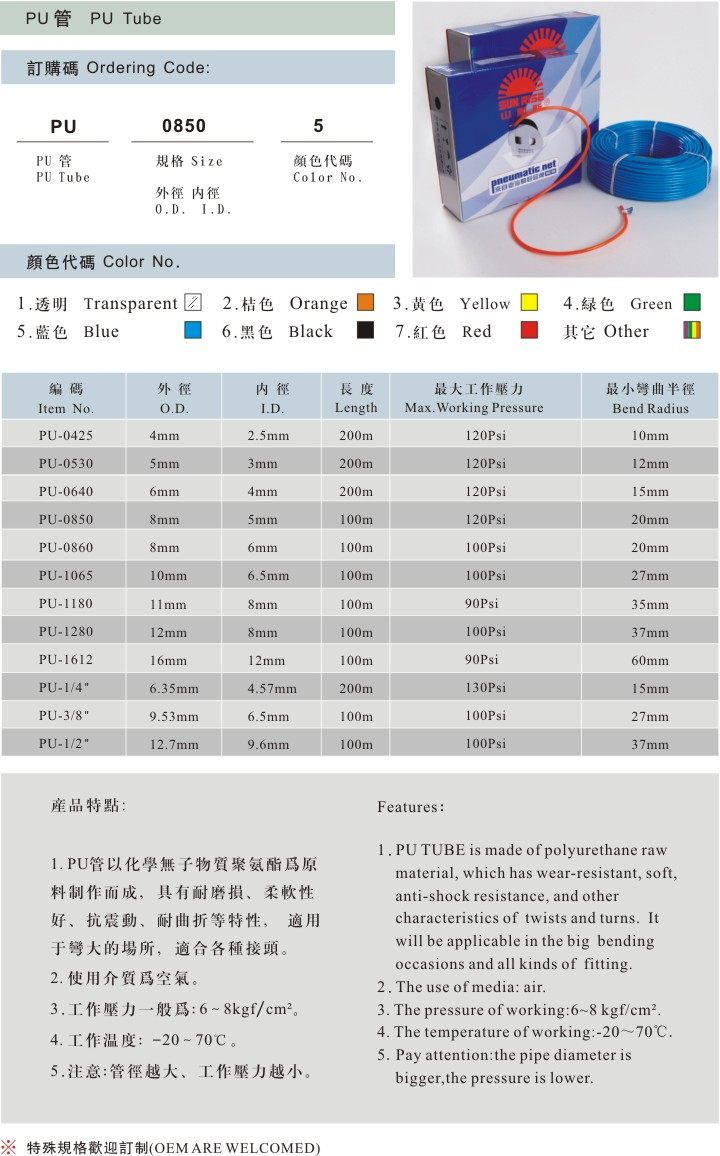 台湾山耐斯红太阳牌pu管盘装4*2.5-6*4-8*5-10*6.5-12*8