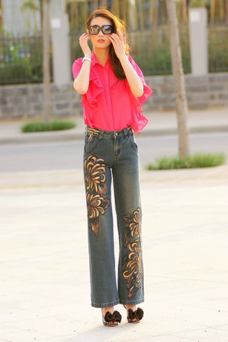 Штаны для отдыха, джинсы, ручная роспись, свободный прямой крой