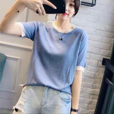 Hàn quốc phiên bản của năm 2018 đầu mùa thu mới lỏng màu mỏng phù hợp với vòng cổ bị hỏng ngắn tay băng lụa áo len của phụ nữ t-shirt
