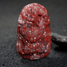 Украшения на шею 桂林鸡血玉 大红袍绞丝全红挂件吊坠 手工雕刻龙牌孤品上朗玉化红