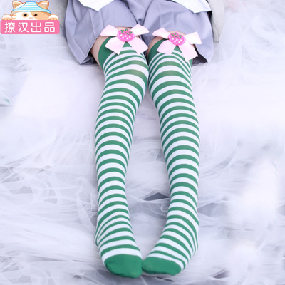 【撩汉出品】草莓蝴蝶结条纹过膝袜 高筒袜条纹长筒袜萌妹袜-淘宝网