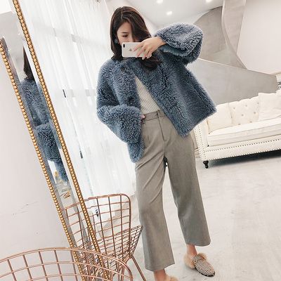 jls超美雾霾蓝 美利奴原毛时尚皮毛一体短款卷毛羊羔毛皮草外套女