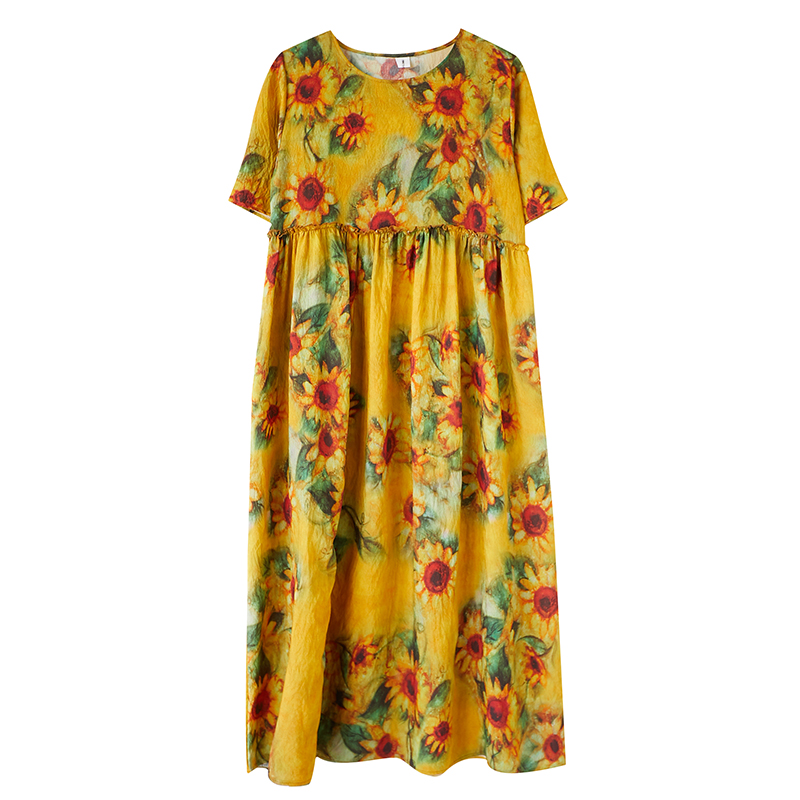 Sunflower With Yellow BackgroundReal shot summer wear new pattern ethnic style Big size Women's wear Retro printing Short sleeve leisure time Crew neck A dress tide