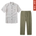Trung quốc phong cách cotton và linen đặt người đàn ông trung niên của XL lỏng hai mảnh mùa hè phần mỏng ngắn tay T-Shirt phù hợp với Bộ đồ