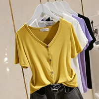Шелковая летняя футболка, приталенный цветной жакет, популярно в интернете, короткий рукав, коллекция 2022, V-образный вырез