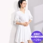 [Giá mới 129 nhân dân tệ] 2018 mùa hè mỏng tươi v- cổ thêu đèn lồng tay áo đầm đầm trắng đầm thiết kế cao cấp