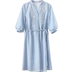 [New giá 149 nhân dân tệ] 2018 mùa hè v cổ áo thêu màu xanh sọc một từ váy khí đèn lồng tay áo đầm Sản phẩm HOT