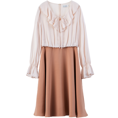 [Giá mới 139 đô] mùa xuân 2018 mới V-cổ dài tay một từ váy lá sen tay áo hit màu khảm đầm đầm ngủ nữ Sản phẩm HOT