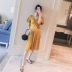 Thai sản mặc 2018 mùa hè phong cách mới neckline V-Cổ eo đàn hồi phụ nữ mỏng mang thai dài ăn mặc triều
