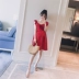 Thai sản mặc 2018 mùa hè mới Hàn Quốc phiên bản của v- cổ bay bay tay áo thời trang phụ nữ mang thai nóng mẹ màu đỏ dài ăn mặc áo ngực cho mẹ bầu Áo thai sản