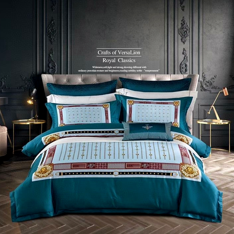Medusa & Bee Green & 4-Piece Bedding SetNorthern Europe Light luxury new pattern bedding article Four piece suit Spring and summer 100 branch pure cotton printing Quilt cover satin-like cotton fabric bedding Bed cover