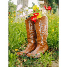 Западные Boots 小花定制*波西米亚嬉皮刺绣牛仔靴粗跟中筒靴高筒靴马靴西部靴