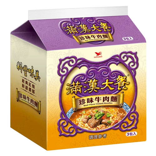 Производство Тайваня Объединенный ужин Хан -Хана Хан, полный говяжьей лапши, удобной лапши, карманов, 12 упаковок предохранителей, наполовину глютен и половина.