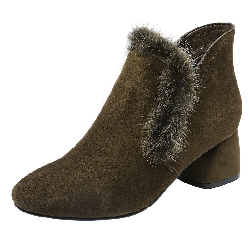 KhakiRound head  Short boots female Autumn and winter Mink hair Versatile Thick heel Big size 414243 Korean version Middle heel Women's Boots