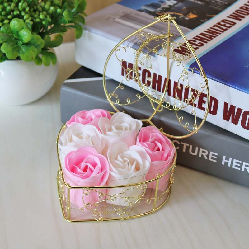 6 Iron Bars, Pink6 Blossoms Iron fence rose simulation rose Soap flower soap Gift box Section 38 originality gift Wedding supplies  Opening