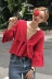 Mùa hè của phụ nữ sexy Hàn Quốc phiên bản của sâu V-Cổ dây đeo áo sơ mi loa bảy điểm tay áo đỏ xù ngắn búp bê áo sơ mi áo sơ mi cổ trụ nữ Áo sơ mi
