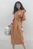 Hàn quốc phiên bản của chic phong cách màu rắn cao eo tẩm chia váy giản dị lỏng phần dài V-Cổ ngắn tay tính khí ăn mặc Váy eo cao