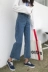 2018 mới của Hàn Quốc phiên bản của retro cũ đa túi cao eo rách cạnh jeans loose hoang dã chín điểm quần chân rộng phụ nữ