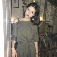Hồng Kông hương vị retro chic hoang dã Hàn Quốc phiên bản của màu rắn eo dài váy khí xiên dây đeo vai dài ăn mặc triều váy suông rút eo	