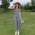 Mùa hè mới của Hàn Quốc khí không tay kẻ sọc vest áo khoác + chia lỏng chín điểm rộng quần chân phù hợp với Bộ đồ
