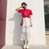 Mùa hè Hàn Quốc ngắn- tay áo t- shirt + pleated đàn hồi cao eo lớp bánh váy dài váy bộ thời trang công sở nữ cao cấp Bộ đồ
