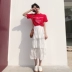 Mùa hè Hàn Quốc ngắn- tay áo t- shirt + pleated đàn hồi cao eo lớp bánh váy dài váy bộ đồ bộ kiểu Bộ đồ