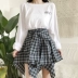 2018 mùa xuân mới Hàn Quốc thư in dài vi- minh bạch t- shirt + băng bất thường plaid váy bộ