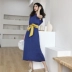 2018 mới của Hàn Quốc phiên bản của tính khí lỏng thời trang tối giản váy dài nữ 慵 gió lười biếng không tay đầm để gửi vành đai váy tay dài Váy dài