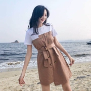 Mùa hè Hàn Quốc phiên bản của gió sang trọng hit màu đôi ngực eo mỏng và mỏng giả hai mảnh vòng cổ ngắn tay khí một từ đầm
