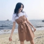 Mùa hè Hàn Quốc phiên bản của gió sang trọng hit màu đôi ngực eo mỏng và mỏng giả hai mảnh vòng cổ ngắn tay khí một từ đầm váy xòe đẹp