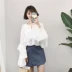 2018 mùa xuân mới Hàn Quốc phiên bản của chic ngọt lá sen bên dẫn dài tay áo sơ mi áo sơ mi chiffon top Áo sơ mi