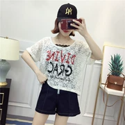 B-B214 Ren crochet T-Shirt 2018 mùa hè của phụ nữ letter in vòng cổ áo thun ngắn tay áo