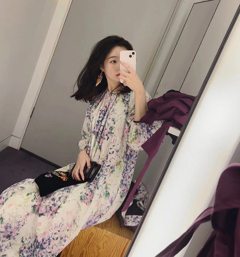2022 Summer New stylish printed dress, round neck, five-quarter sleeves, loose commuting lace-up, seaside vacation long dress Application Scenario