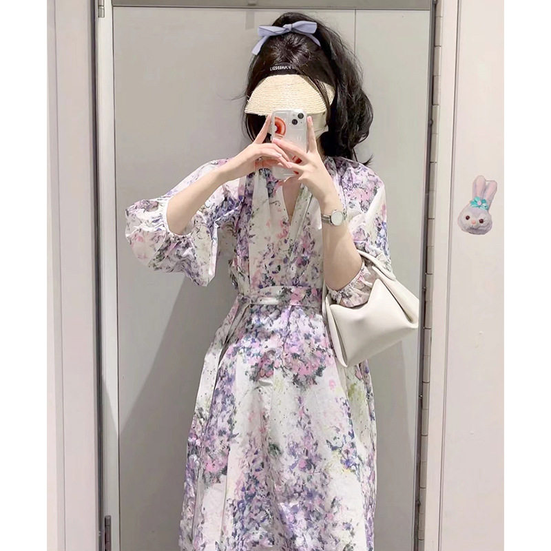 2022 Summer New stylish printed dress, round neck, five-quarter sleeves, loose commuting lace-up, seaside vacation long dress Specification image