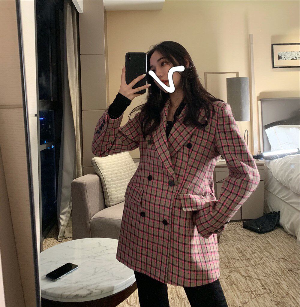chic pink British-style suit jacket, Spring and Autumn Korean Internet celebrity wool double-breasted waist-cinching versatile checkered coat Item Picture