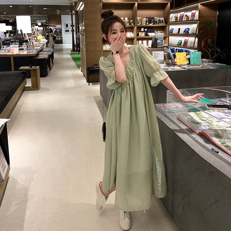 2022 Summer gentle style collarless lace-up V-neck dress, women's lace-up waist slimming A-line dress Item Picture