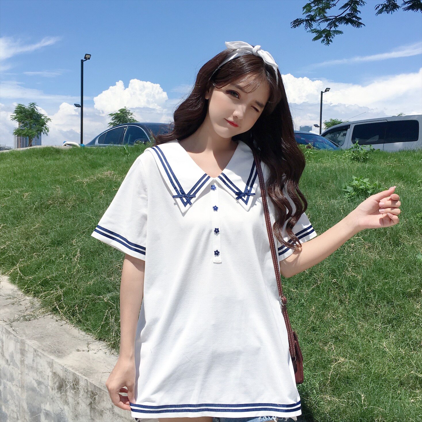 日系软萌妹小清新学院风可爱海军领宽松刺绣短袖t恤女学生上衣夏