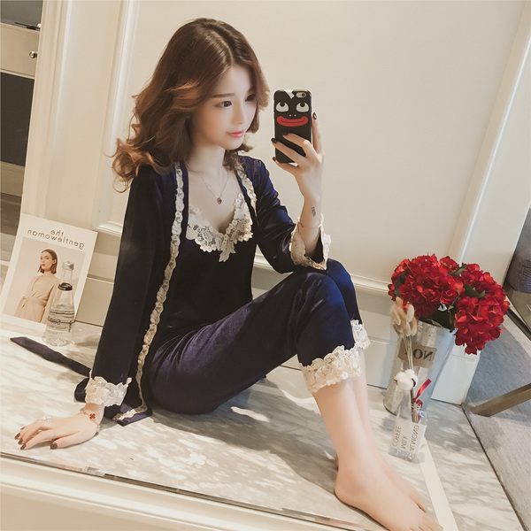 Imported Daily Pajamas Autumn Winter Sexy Gold Bel