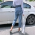 Hàn quốc phiên bản của lỏng tie với hoa cao eo jeans nữ mùa thu mới hoang dã sinh viên bình thường chín quần thẳng quần quần jean cao cấp Quần jean