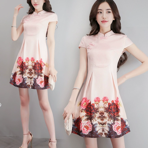 Платье, юбка, летняя одежда, приталенное шифоновое ципао, 2018, в корейском стиле, А-силуэт
