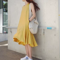 L19 Phụ nữ Hàn Quốc thế hệ mới váy hoa sen bằng vải lanh trong đoạn dài không tay mùa hè của phụ nữ váy vest - Sản phẩm HOT đầm nữ đẹp