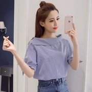 Áo sơ mi lệch vai 2019 hè mới của nữ sinh Hàn Quốc thắt nơ tay ngắn - Áo sơ mi