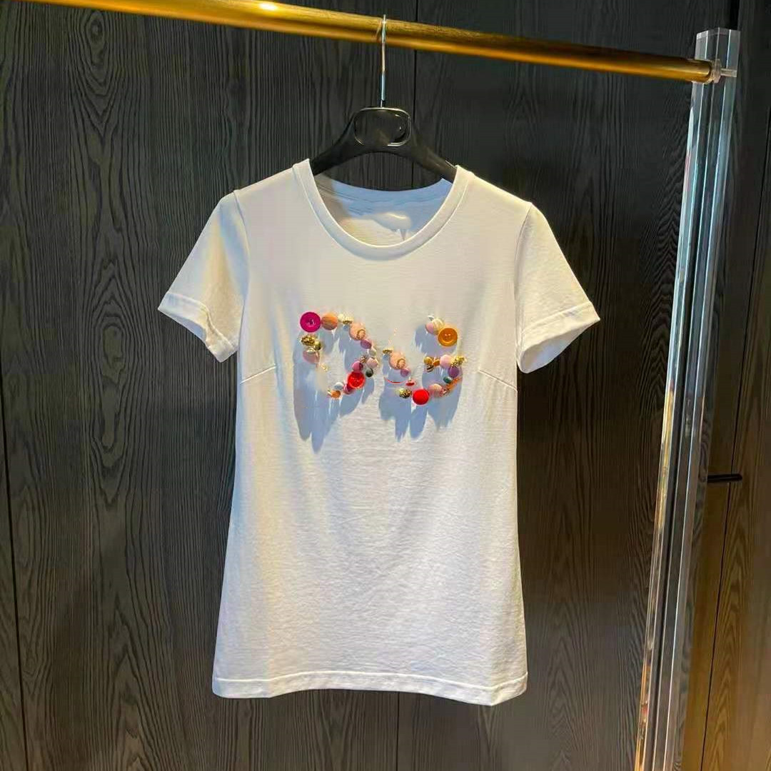 T-shirt2021 Spring and summer white Short sleeve T-shirt Button letter real silk fish tail Half skirt Sun flower printing Wave point suit
