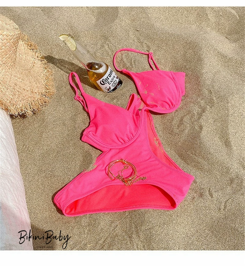 Fluorescence fuchsia sexy split supporting swimwear
