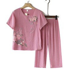 Одежда для дам 薄款棉麻两件套衣服夏季60老年妈妈休闲短袖女70太婆套装80岁奶奶