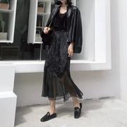 Hồng Kông hương vị retro chic2018 mới tính khí nhung váy dài thời trang chiffon khâu cao eo váy nữ mùa thu