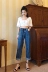 2018 new quảng trường cổ áo ngắn phần rốn áo sơ mi cao eo là mỏng và mỏng thẳng chín jeans thời trang phù hợp với nữ Bộ đồ