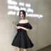Dora Chaoren Hall Hồng Kông hương vị retro chic từ cổ áo hai mặc màu rắn bow tie tính khí ăn mặc nữ 	váy ôm body khoét eo	 Váy eo cao